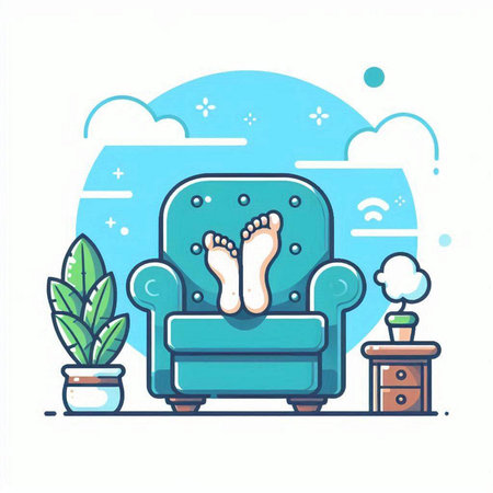 Illustration of a cozy armchair with feet in the room.のイラスト素材