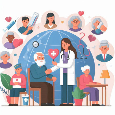 Nurse Helping Old Man and Senior Woman. Vector illustration in flat styleのイラスト素材