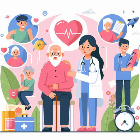 Medical care and healthcare concept. Vector flat graphic design illustration with doctor, nurse, elderly man, patient, nurse, doctor, stethoscope, heart rateのイラスト素材