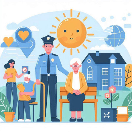 Elderly couple with child and police. Flat style vector illustration.のイラスト素材