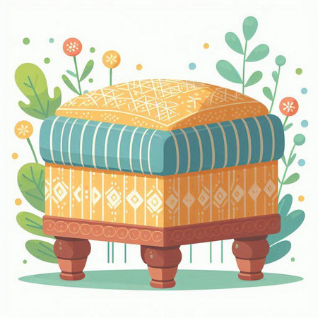 Illustration of a Cushion on a Background of Flowers and Leavesのイラスト素材