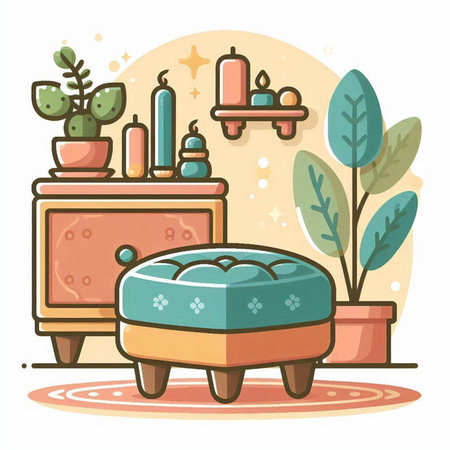 Vector illustration of a cozy room with furniture and plants. Flat style.のイラスト素材