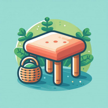 Picnic table and basket. Vector illustration in flat cartoon style.のイラスト素材