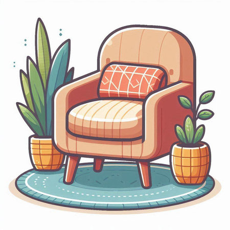 Comfortable armchair with pillows and potted plants. Vector illustration.のイラスト素材