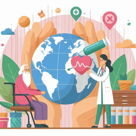Vector flat illustration of a doctor with a syringe and a globe.のイラスト素材