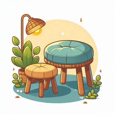 Illustration of a round table and chair in the garden at nightのイラスト素材