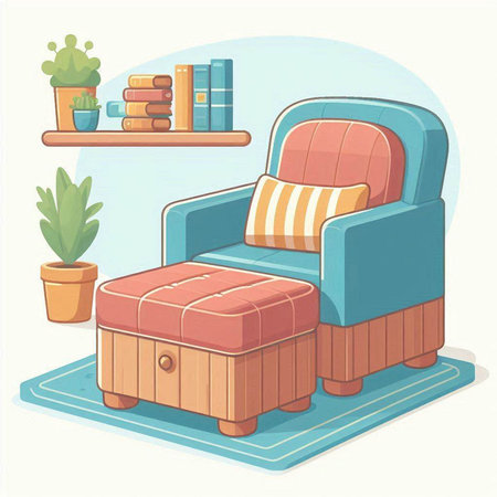 Illustration of a cozy armchair with pillows and bookshelfのイラスト素材