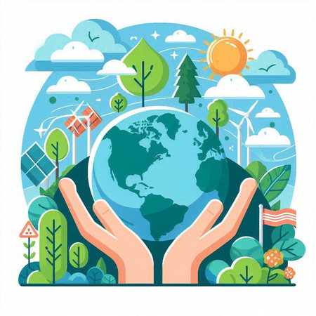 Ecology concept. Hand holding Earth globe. Save the planet. Vector illustrationのイラスト素材