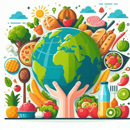 Vector illustration of World Environment Day concept with human hand holding Earth globe surrounded by food.のイラスト素材