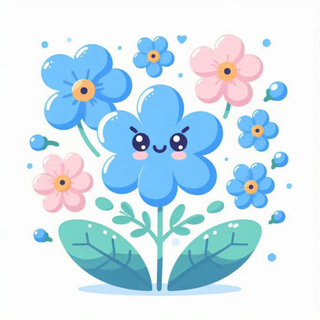 Cute blue flower with green leaves and flowers. Vector illustration.のイラスト素材