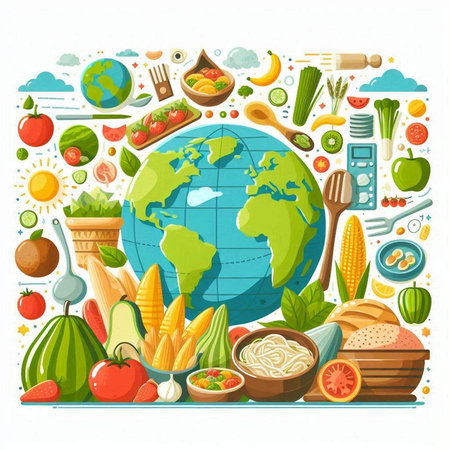 Vegetarian food poster with planet earth surrounded by vegetables and fruits. Vector illustration.のイラスト素材