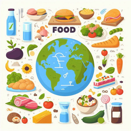 Healthy eating concept. Vector illustration in flat style. Food and drink icons.のイラスト素材