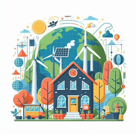 Ecology concept with windmills and houses. Vector illustration.のイラスト素材