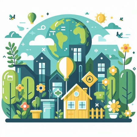 Flat design vector illustration concept of eco-friendly lifestyle. Green city with houses, trees, flowers and flying birds.のイラスト素材