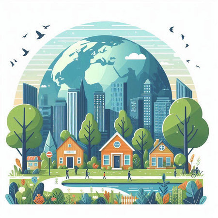 Ecology concept. Eco-friendly city landscape. Vector illustration.のイラスト素材