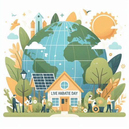 Vector illustration of green energy concept with people and globe in the gardenのイラスト素材