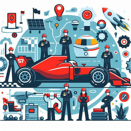Vector illustration of racing car and people on background. Flat style design.のイラスト素材