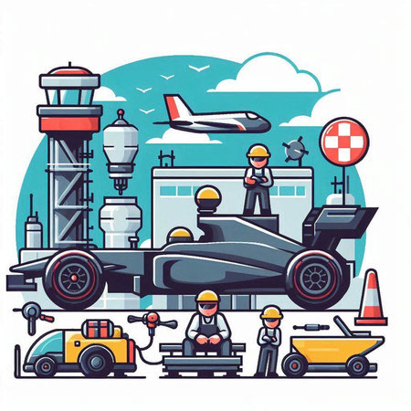 Cartoon illustration of a car repair service. Repair and maintenance of cars.のイラスト素材