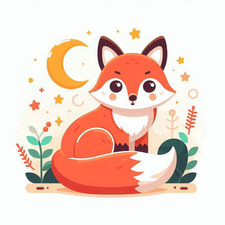 Cute cartoon fox with moon in the forest. Vector illustration.のイラスト素材