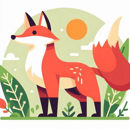Cute fox in the forest. Vector illustration. Flat style.のイラスト素材
