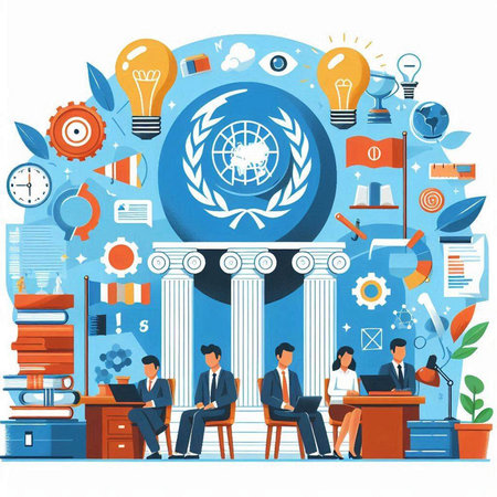 Business people sitting at table in office. Flat design vector illustration.のイラスト素材