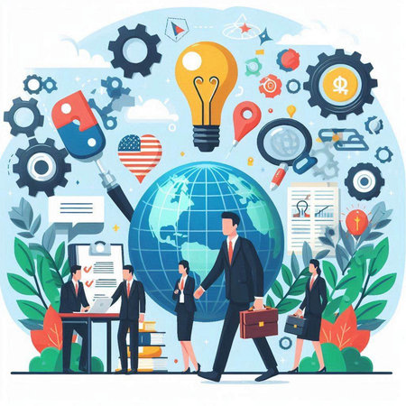 Business people standing near big globe. Vector illustration in flat style.のイラスト素材