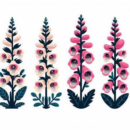 Illustration of foxglove flowers in pastel colors on white backgroundのイラスト素材