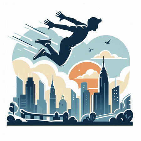 Vector illustration of a man jumping in the sky on the background of the city.のイラスト素材