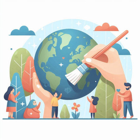 World Environment Day Concept. Vector Flat Cartoon Illustration of Kids with Earth Globe and Brushのイラスト素材