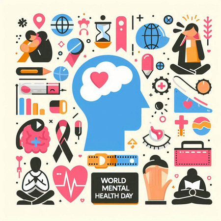 World mental health day poster with human head and icons. Vector illustrationのイラスト素材