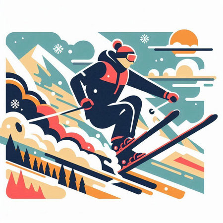 Skier skiing in the mountains. Vector illustration in retro style.のイラスト素材