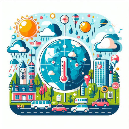 Vector illustration of thermometer on the background of the city. Weather forecast.のイラスト素材