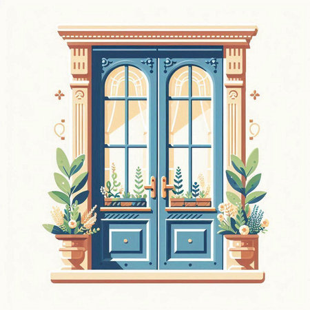 Vector illustration of the entrance to the house with flowers in pots.のイラスト素材