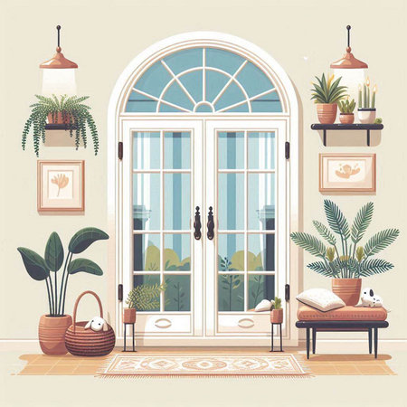 Interior design of modern house with windows and plants. Vector illustrationのイラスト素材