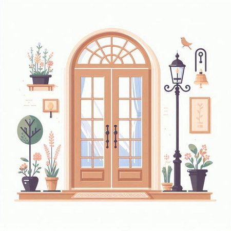 Vector illustration of a classic wooden door with flowers and lanterns.のイラスト素材