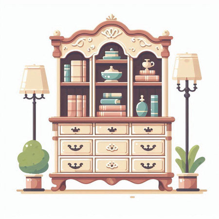 Vintage bookcase with books and lamps. Flat vector illustration.のイラスト素材