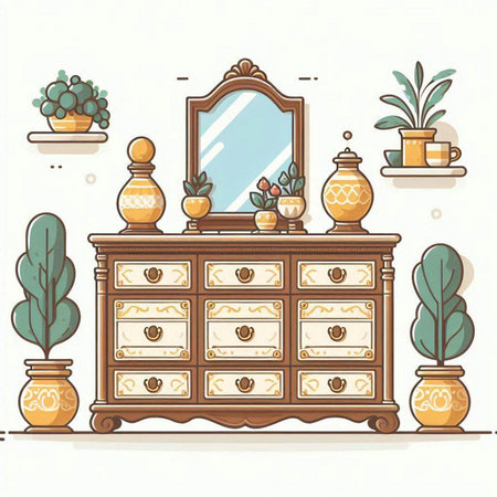 Furniture and interior elements in retro style. Vector illustration.のイラスト素材