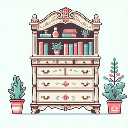 Cabinet with books and plants. Vector illustration in retro style.のイラスト素材