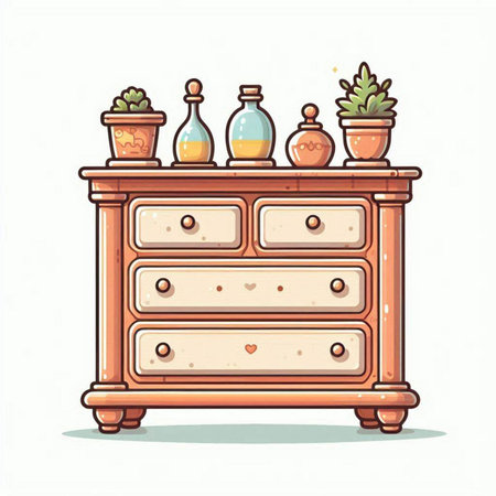 Illustration of a wooden chest of drawers with decorative vasesのイラスト素材