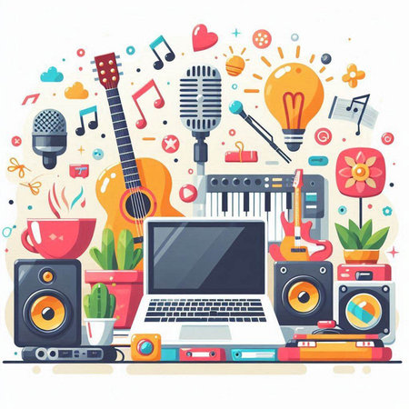 Flat design vector illustration concept of online music festival. Laptop, guitar, speaker, microphone, headphones, notes, houseplant, plant, flowers and other objects.のイラスト素材