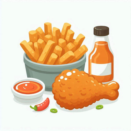 Fried chicken nuggets with ketchup and mayonnaise. Vector illustrationのイラスト素材