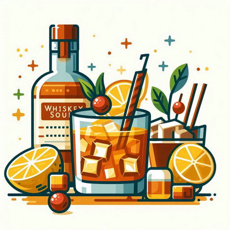 Alcoholic cocktail with ice cubes, orange and cranberries. Vector illustration.のイラスト素材