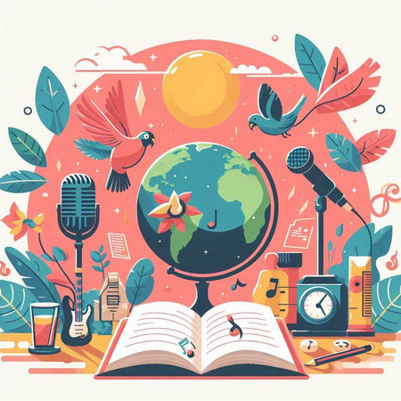 Vector illustration of a flat design with a globe, books and various school supplies.のイラスト素材