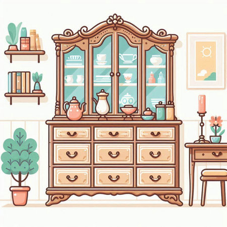 Furniture and interior design in vintage style. Vector illustration.のイラスト素材