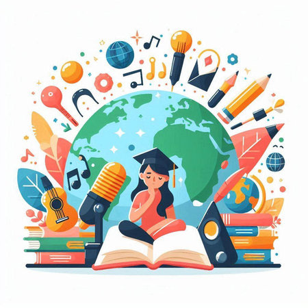 Vector illustration of a girl in a graduation cap reading a book, surrounded by school supplies.のイラスト素材