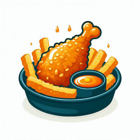 Illustration of fried chicken with ketchup and mayonnaise.のイラスト素材