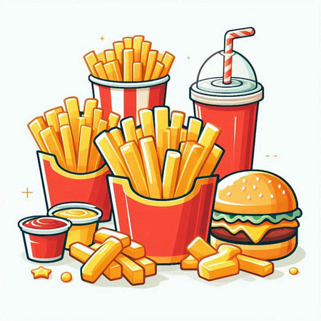 Fast food vector illustration. French fries, hamburger, colaのイラスト素材