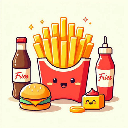 Fast food vector illustration, French fries, kawaii burger and ketchup.のイラスト素材