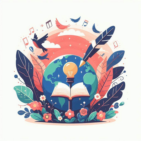 Vector illustration of education concept with globe, books, light bulb and flowers.のイラスト素材