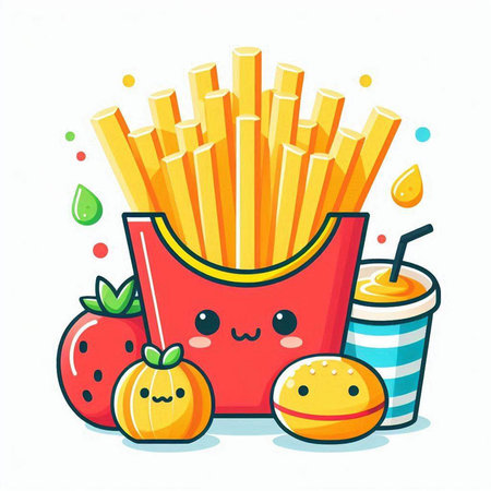 Fast food. French fries, vegetables and juice. Vector cartoon illustrationのイラスト素材